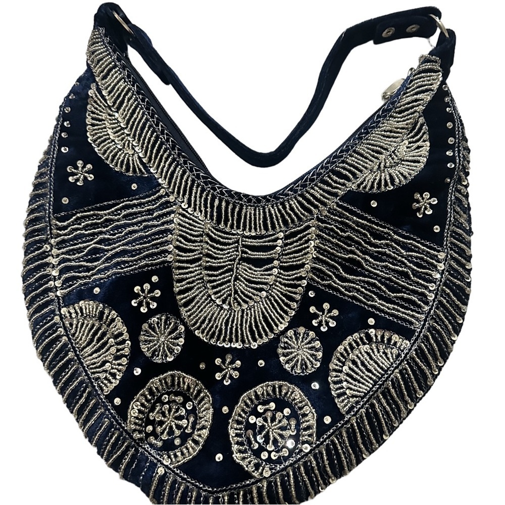 Elegant Navy Blue Velvet & Silver Beaded & Sequins Embellished Women's Hobo Bag